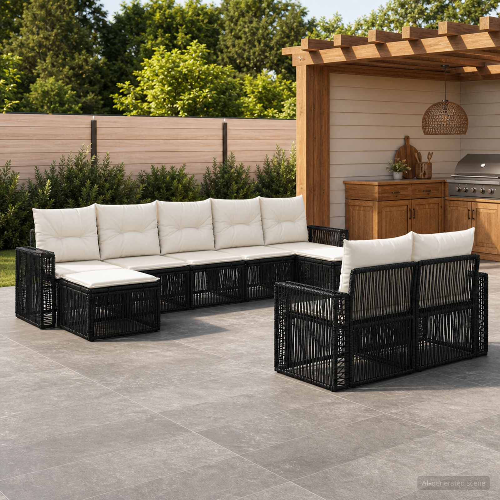 Set Divano da Giardino 9 pcs Nero e Bianco Crema polyrattan | homemem39