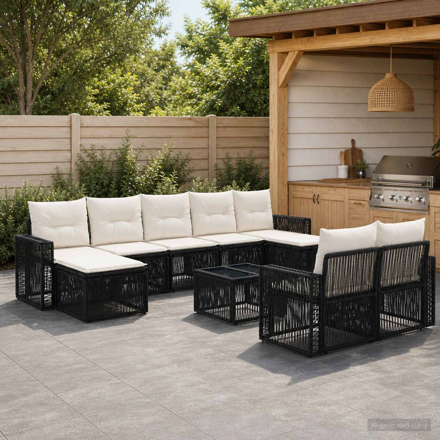 Set Divano da Giardino 10 pcs Nero e Bianco Crema polyrattan | homemem39