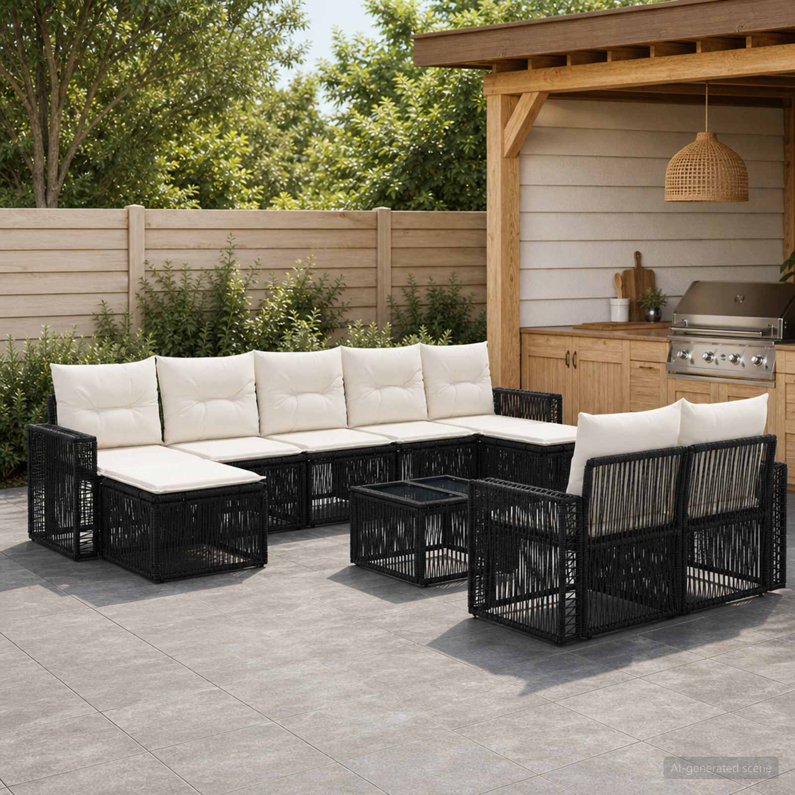 Set Divano da Giardino 10 pcs Nero e Bianco Crema polyrattan | homemem39
