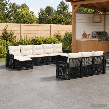 Set Divano da Giardino 10 pcs Nero e Bianco Crema polyrattan | homemem39