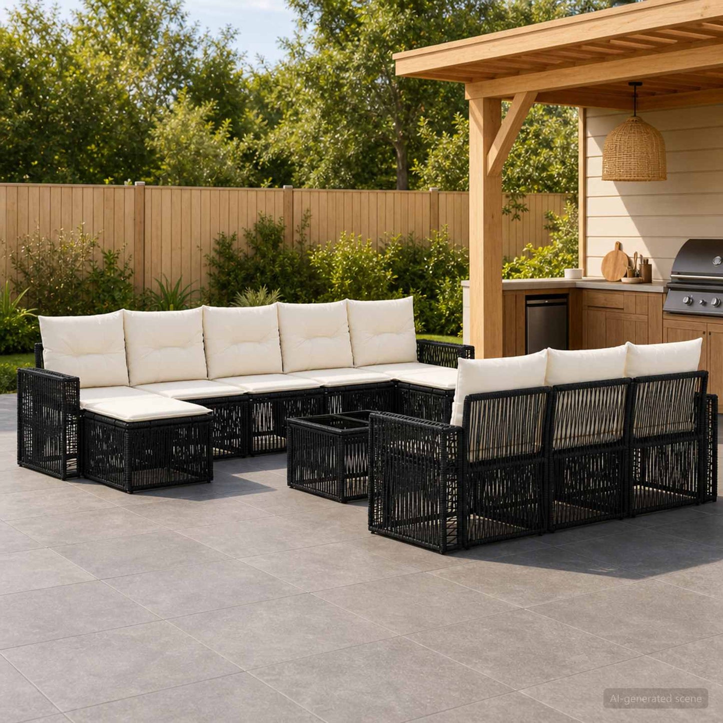 Set Divano da Giardino 11 pcs Nero e Bianco Crema polyrattan | homemem39