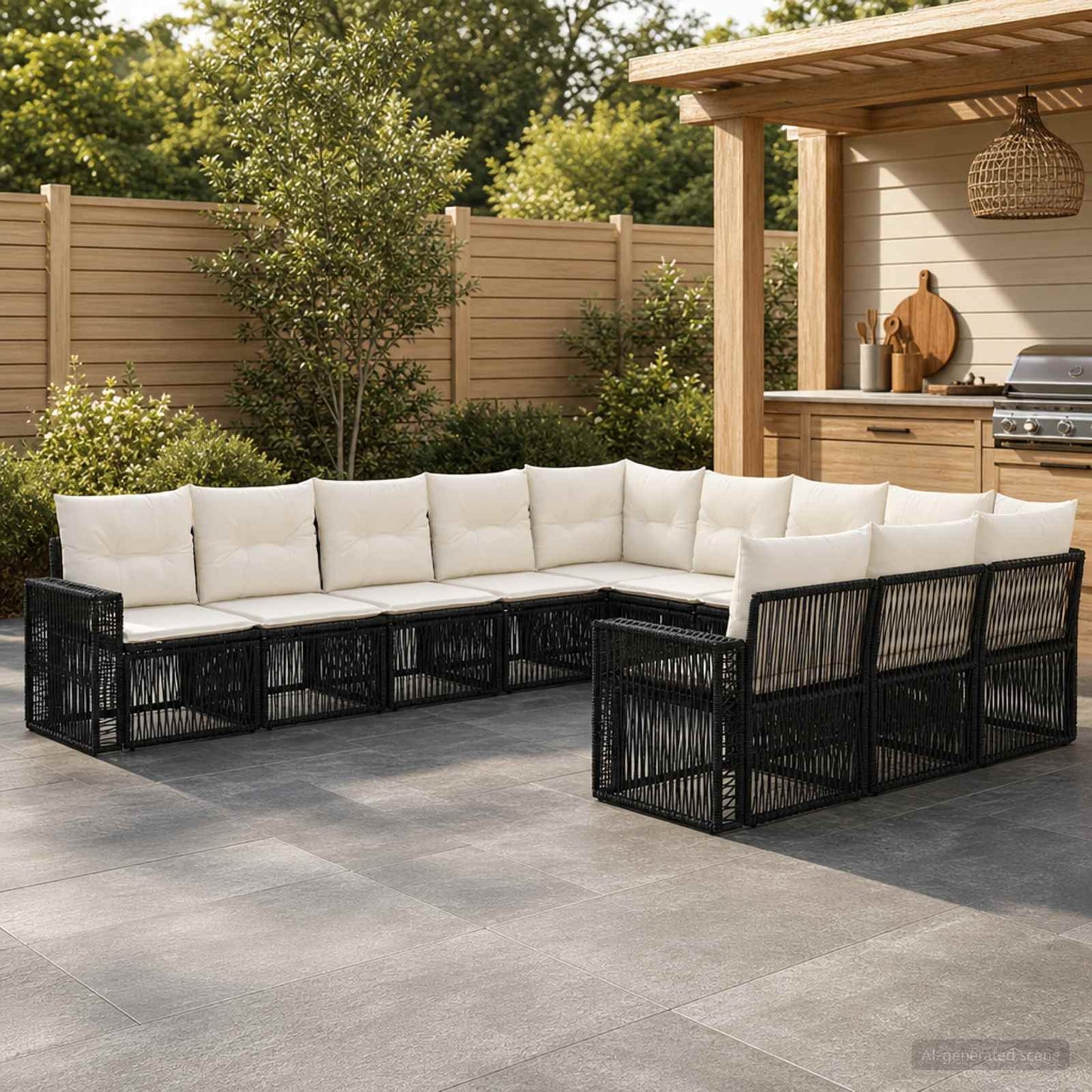Set Divano da Giardino 11 pcs Nero e Bianco Crema polyrattan | homemem39