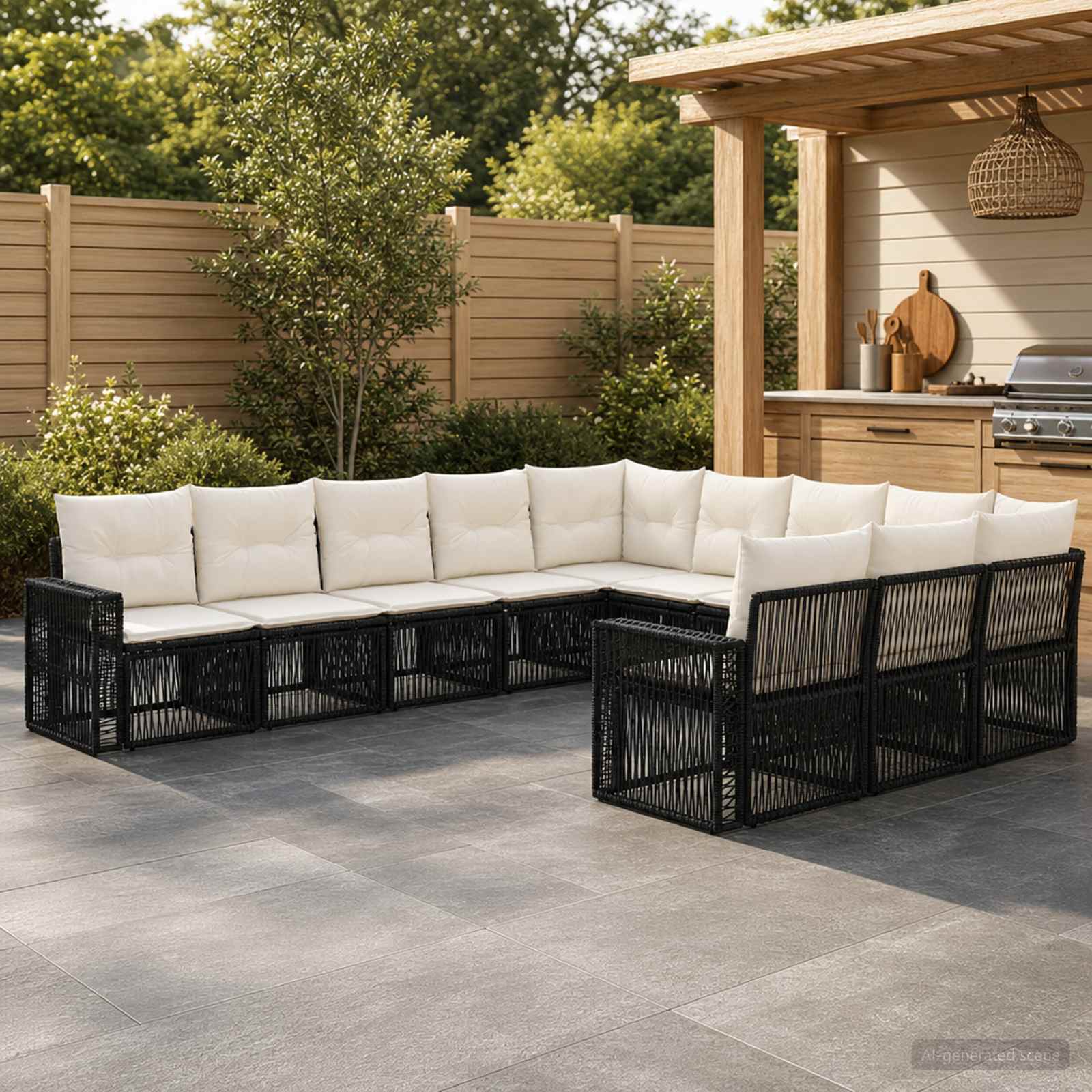 Set Divano da Giardino 11 pcs Nero e Bianco Crema polyrattan | homemem39