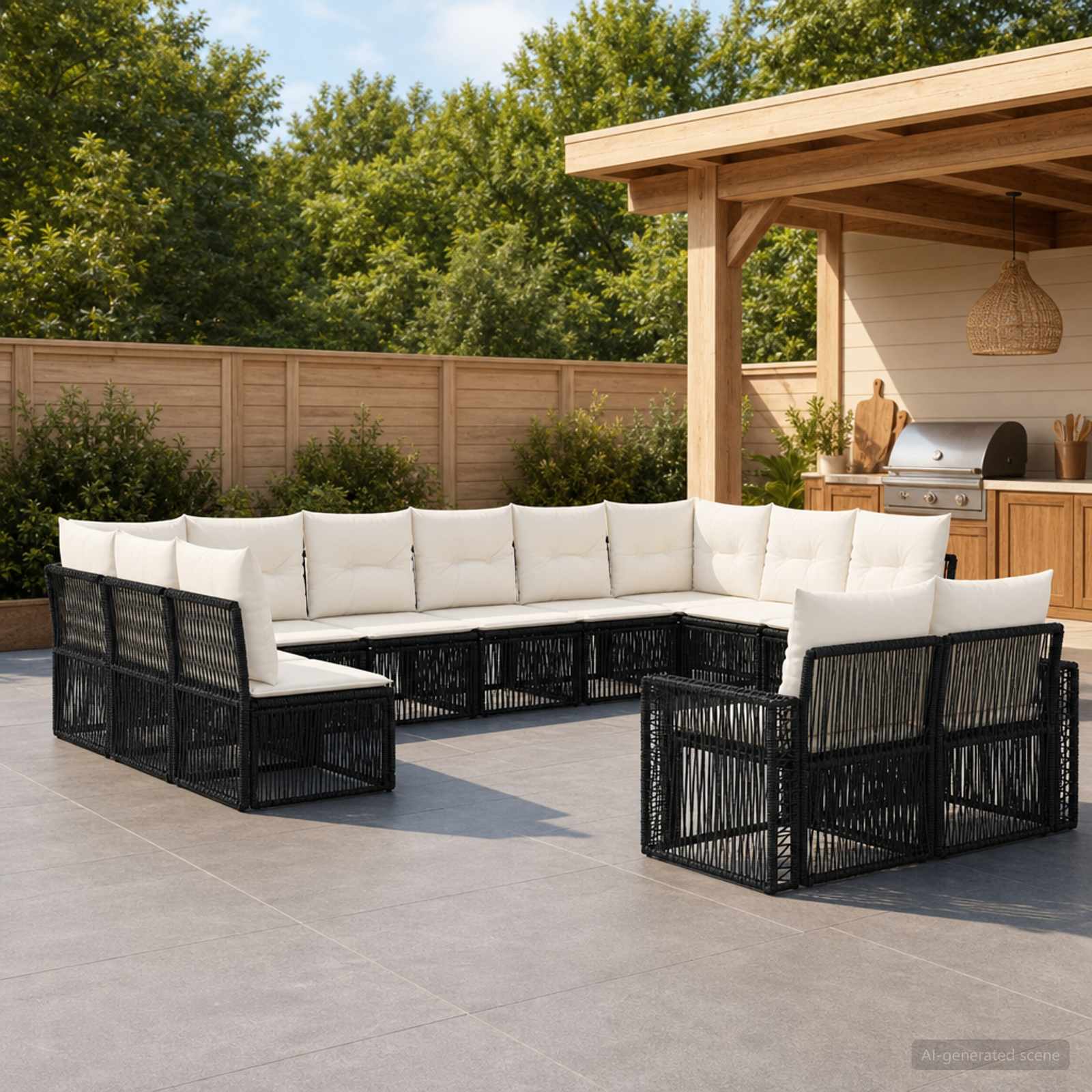 Set Divano da Giardino 12 pcs Nero e Bianco Crema polyrattan | homemem39