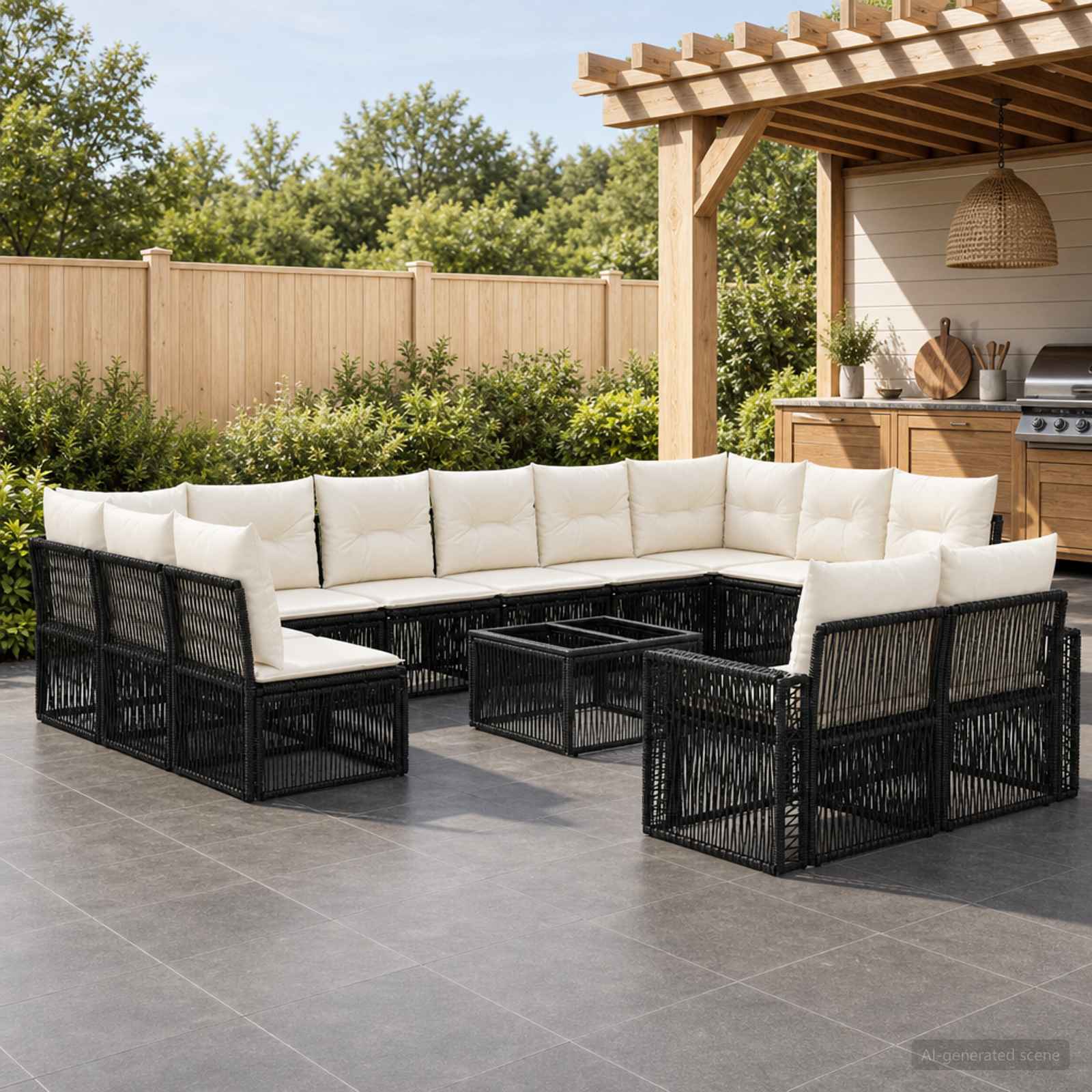 Set Divano da Giardino 13 pcs Nero e Bianco Crema polyrattan | homemem39