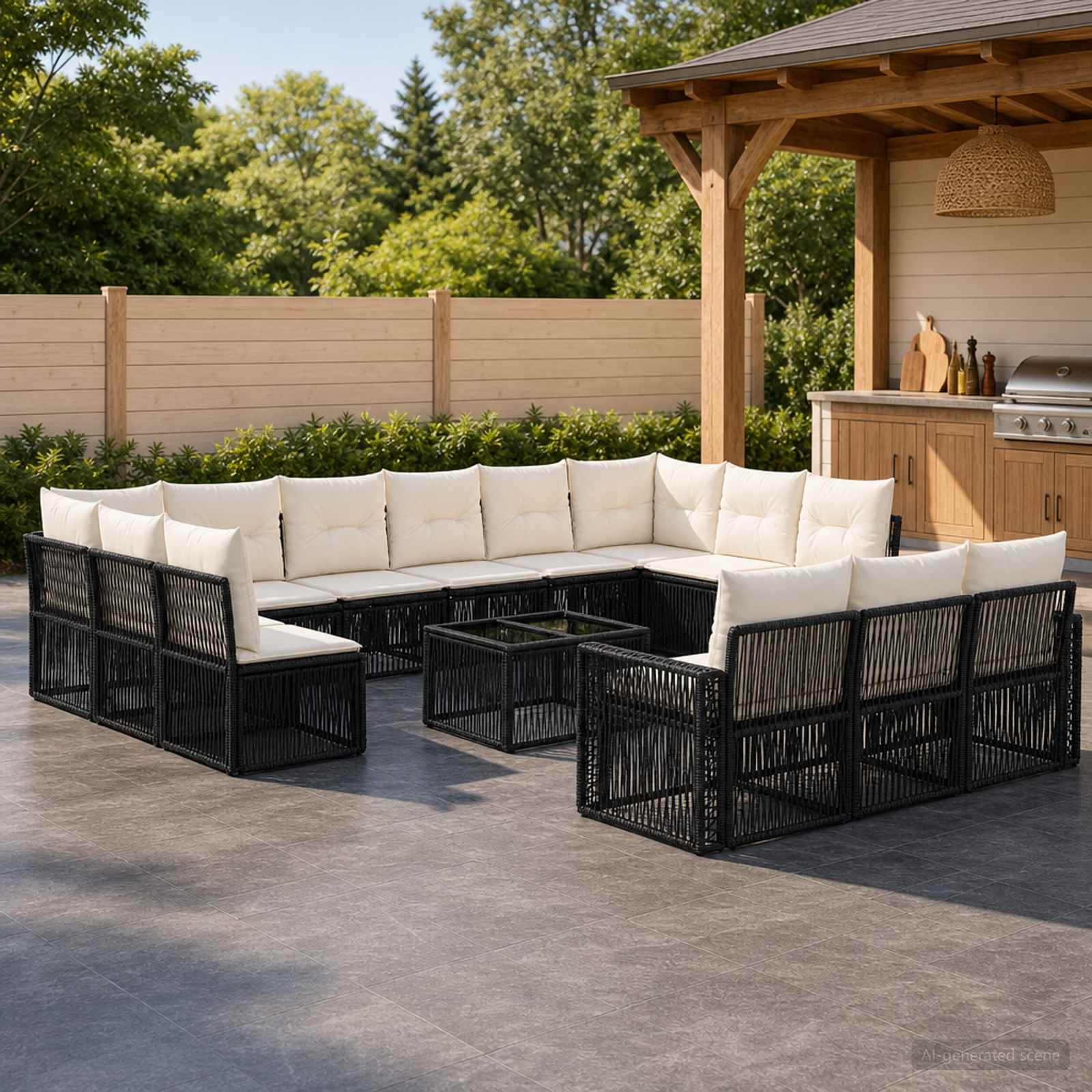 Set Divano da Giardino 14 pcs Nero e Bianco Crema polyrattan | homemem39