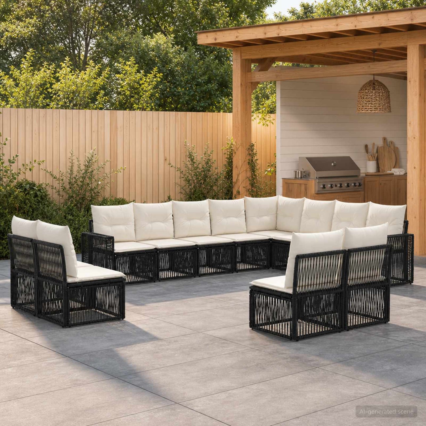 Set Divano da Giardino 12 pcs Nero e Bianco Crema polyrattan | homemem39
