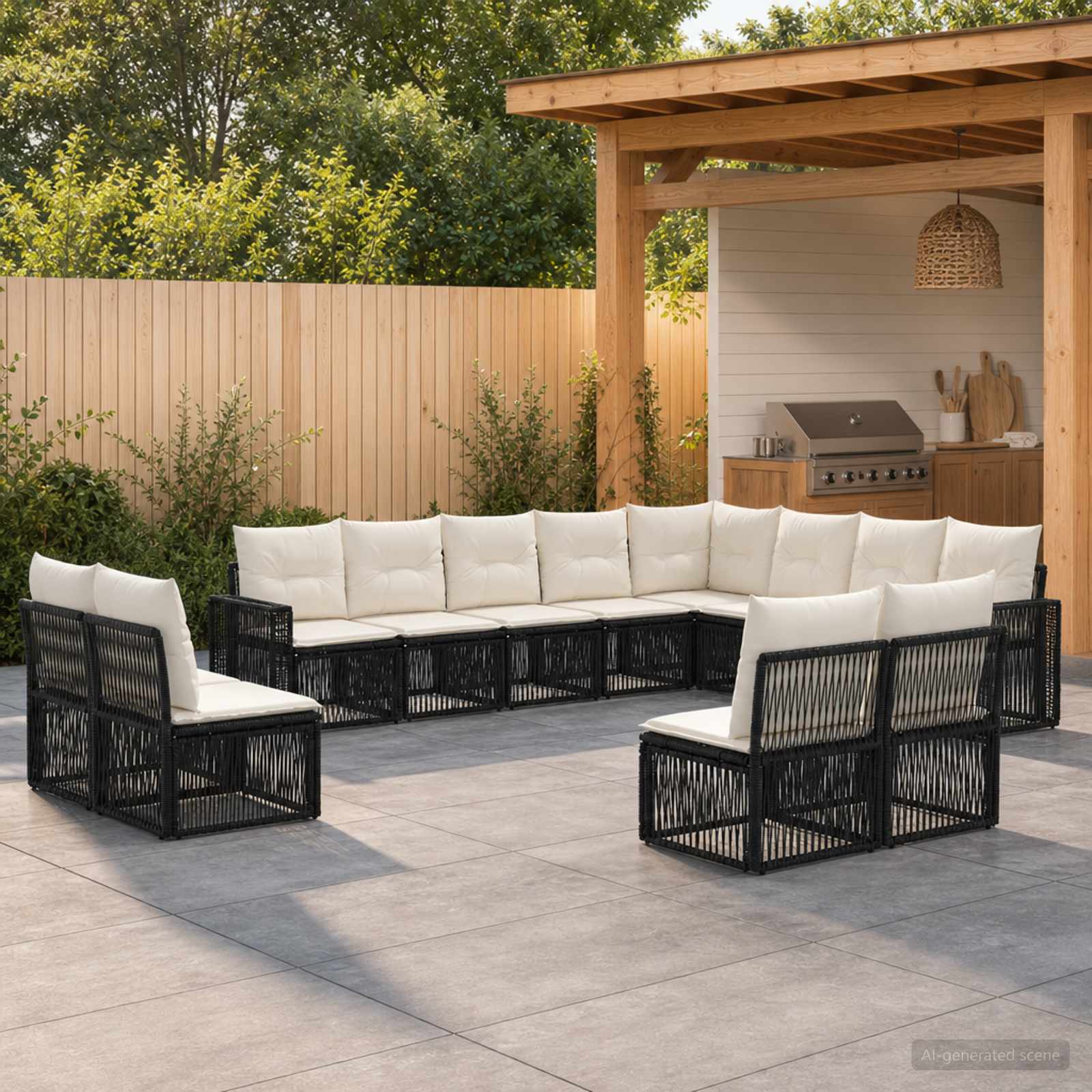 Set Divano da Giardino 12 pcs Nero e Bianco Crema polyrattan | homemem39