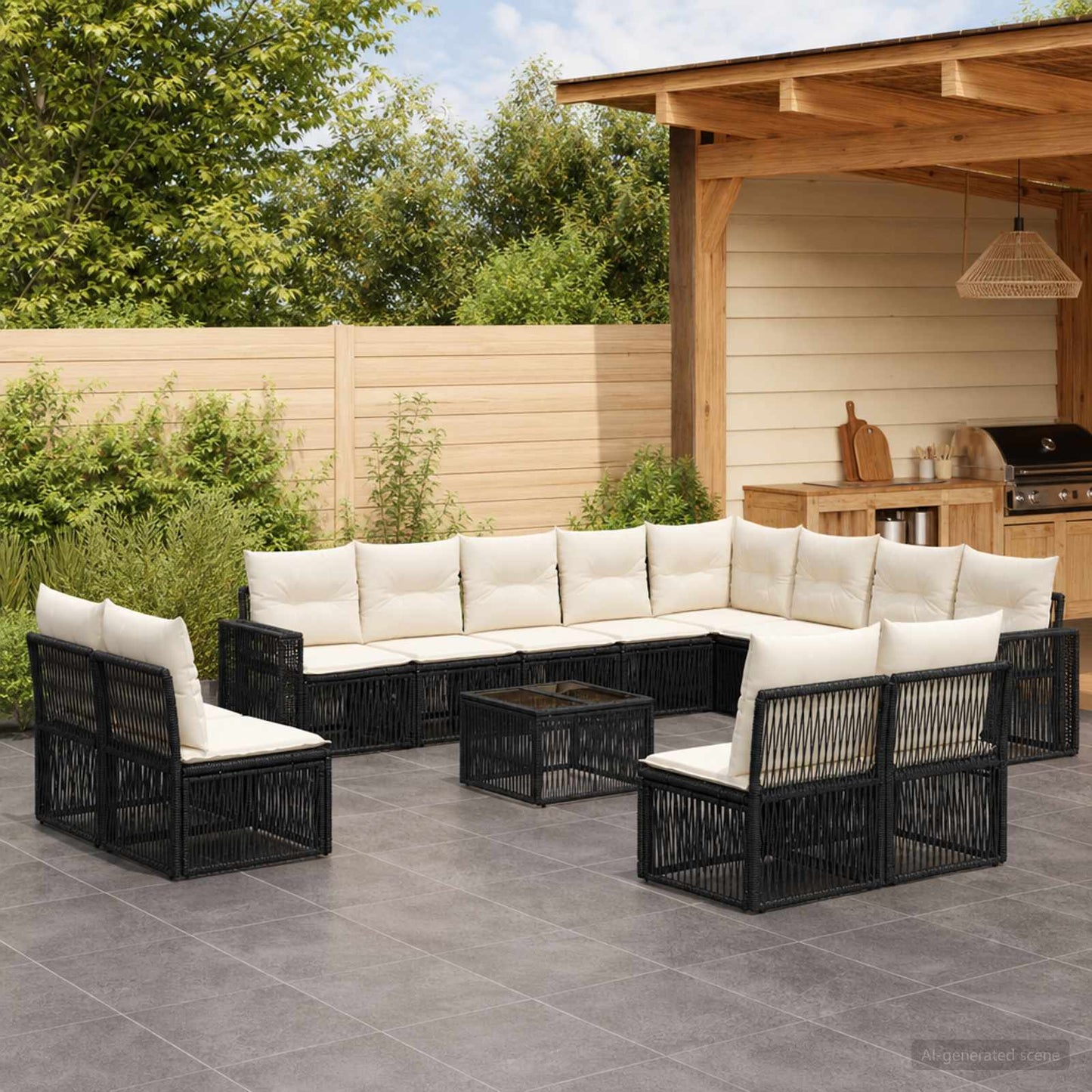 Set Divano da Giardino 13 pz Nero e Bianco Crema polyrattan