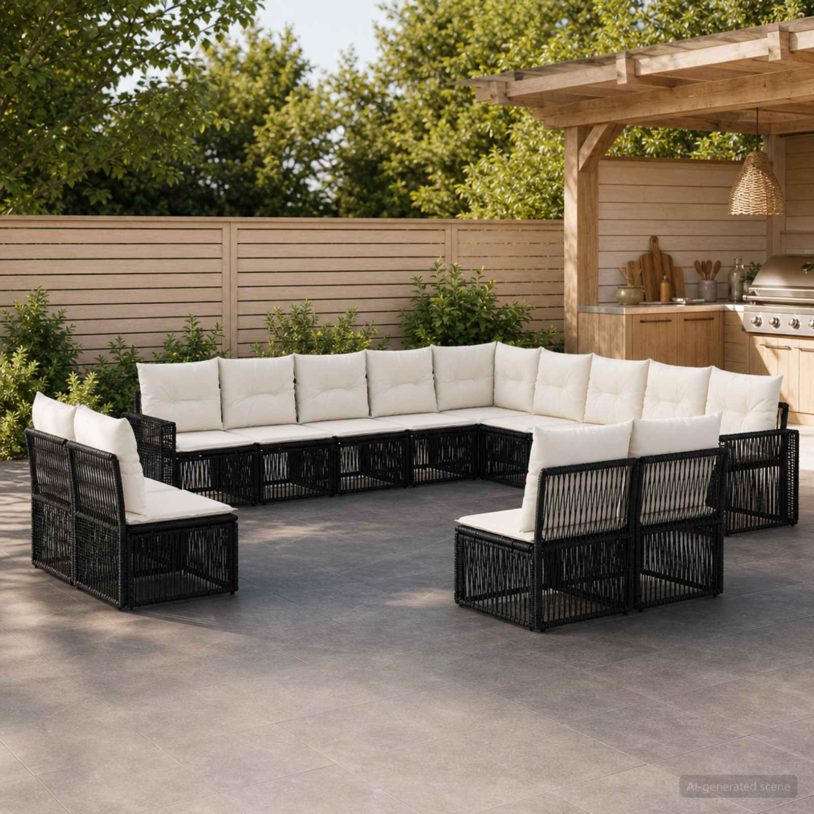 Set Divano da Giardino 13 pcs Nero e Bianco Crema polyrattan | homemem39