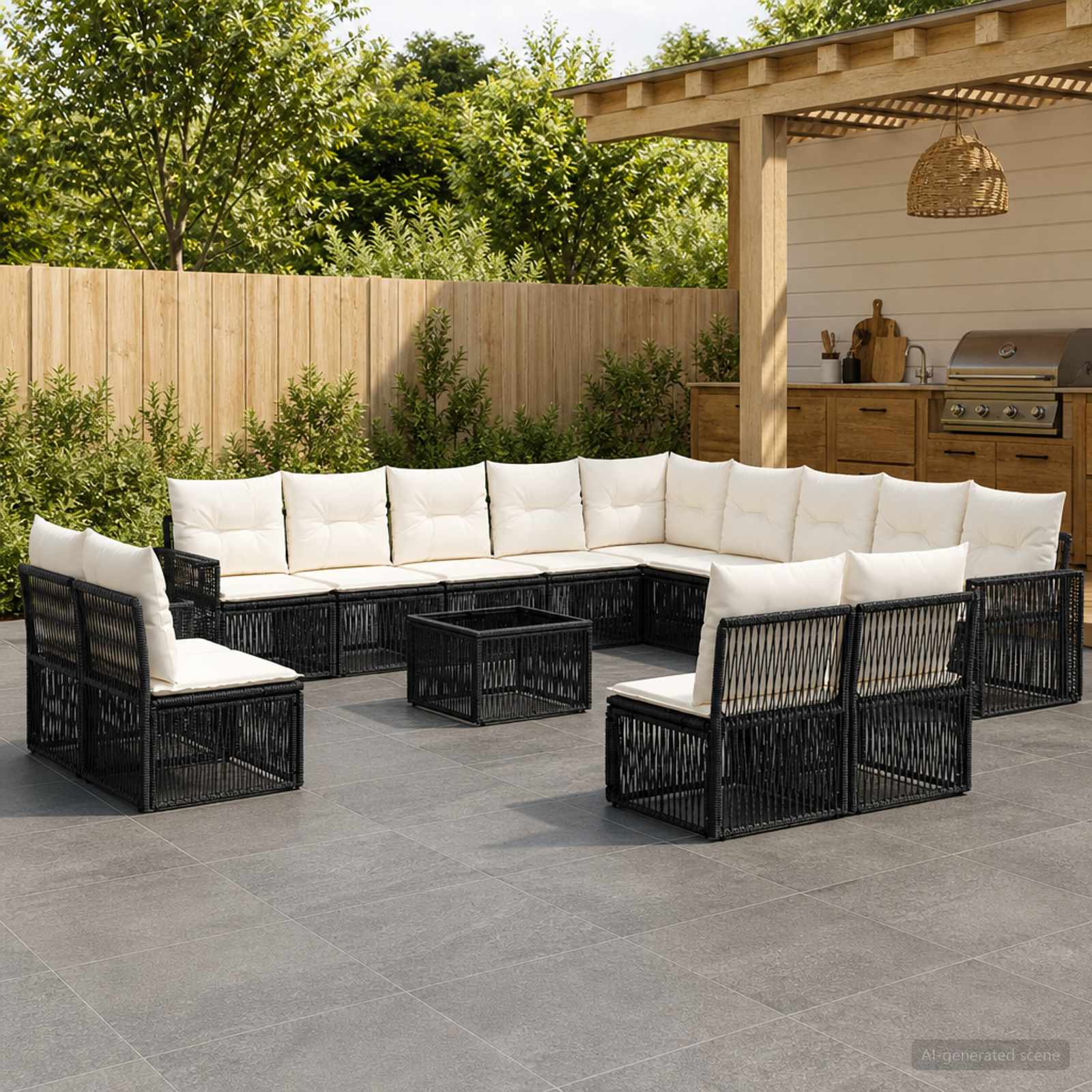Set Divano da Giardino 14 pcs Nero e Bianco Crema polyrattan | homemem39