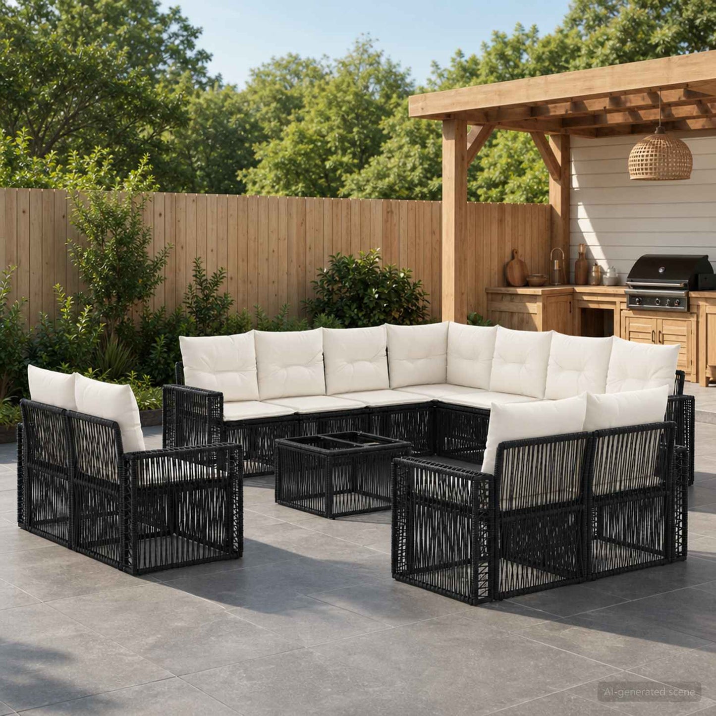 Set Divano da Giardino 12 pz Nero e Bianco Crema polyrattan