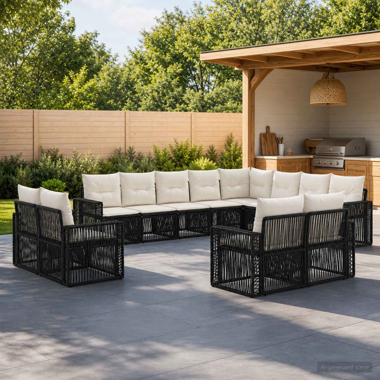 Set Divano da Giardino 12 pcs Nero e Bianco Crema polyrattan | homemem39