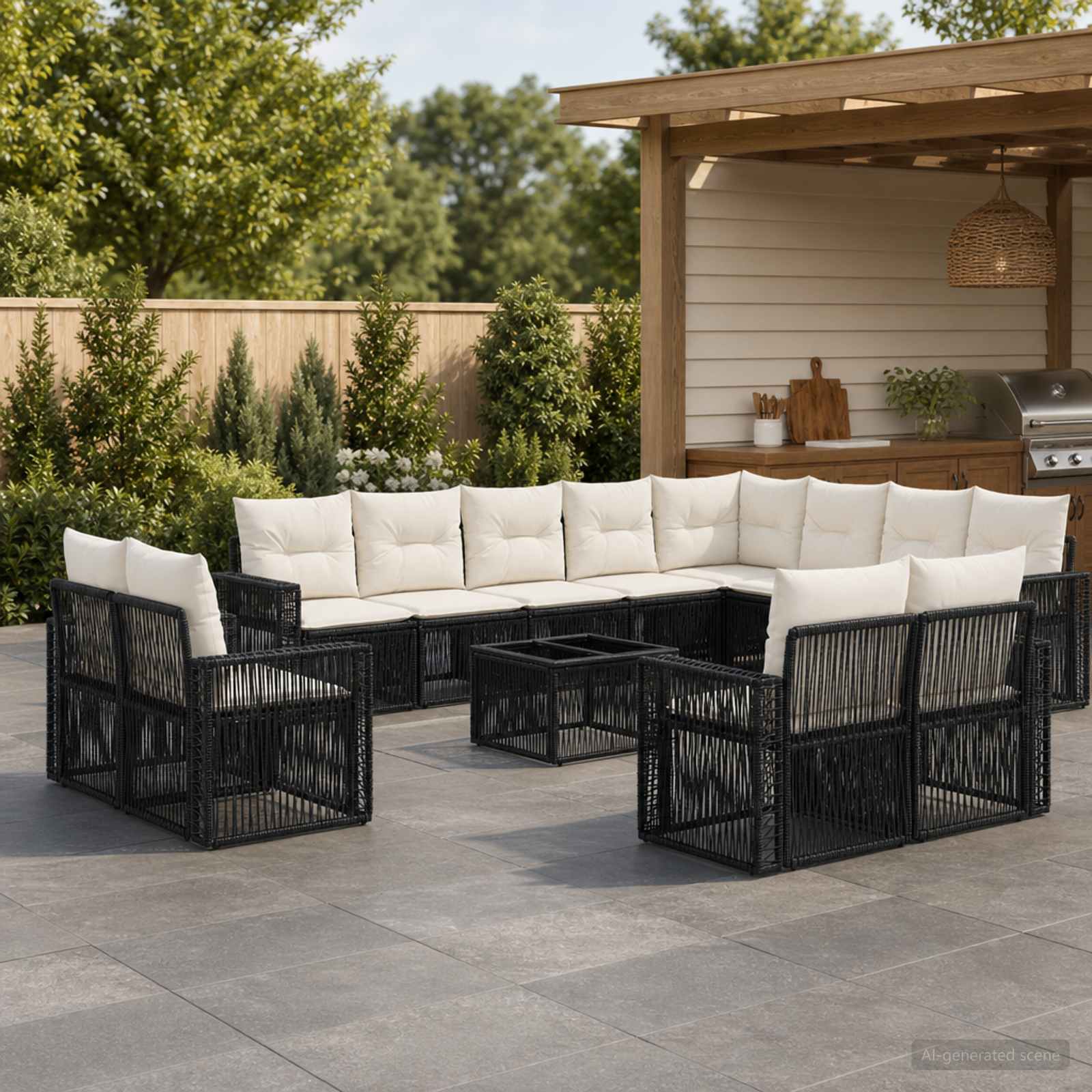 Set Divano da Giardino 13 pcs Nero e Bianco Crema polyrattan | homemem39