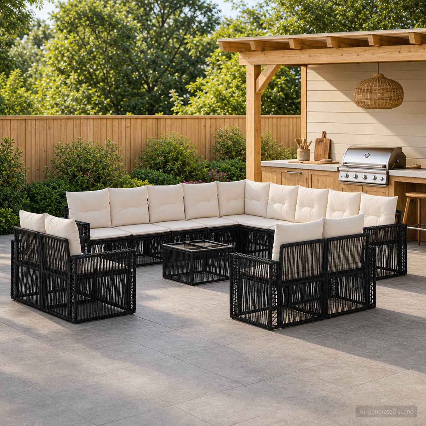Set Divano da Giardino 14 pz Nero e Bianco Crema polyrattan