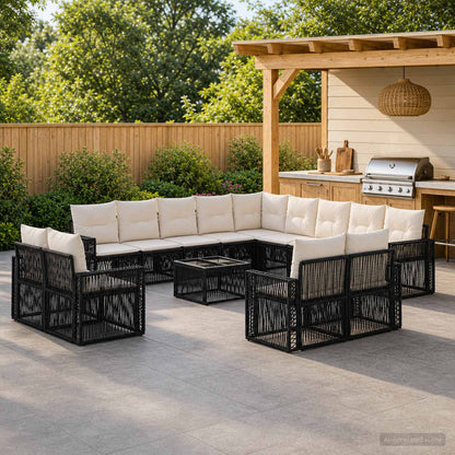 Set Divano da Giardino 14 pz Nero e Bianco Crema polyrattan