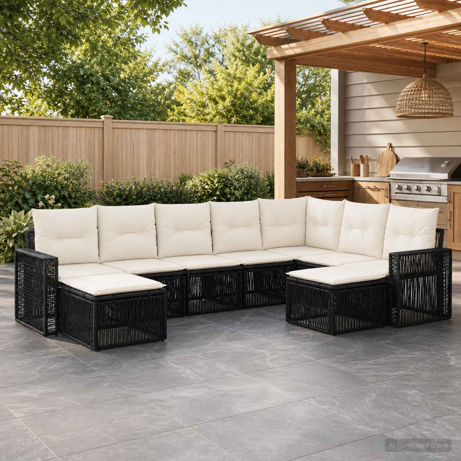 Set Divano da Giardino 9 pcs Nero e Bianco Crema polyrattan | homemem39