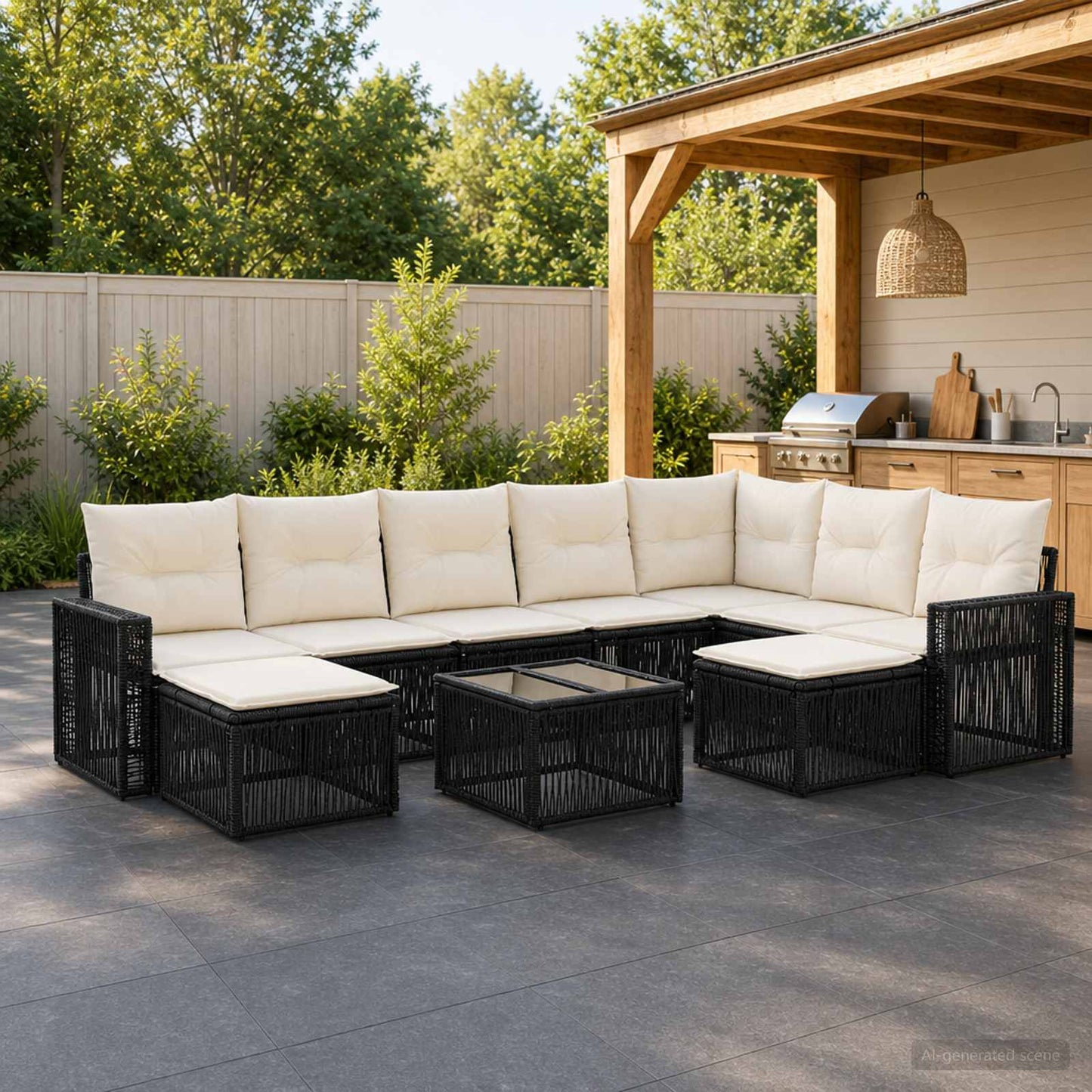 Set Divano da Giardino 10 pcs Nero e Bianco Crema polyrattan | homemem39