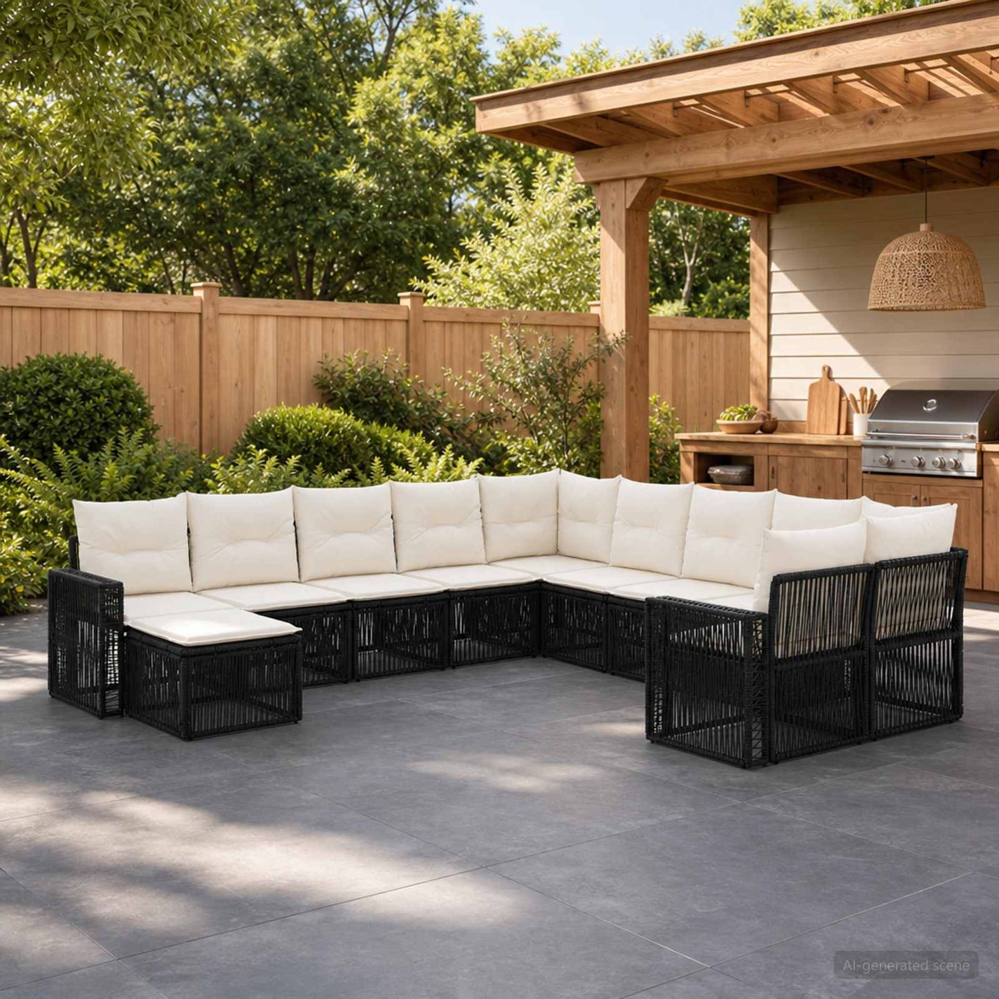 Set Divano da Giardino 11 pcs Nero e Bianco Crema polyrattan | homemem39