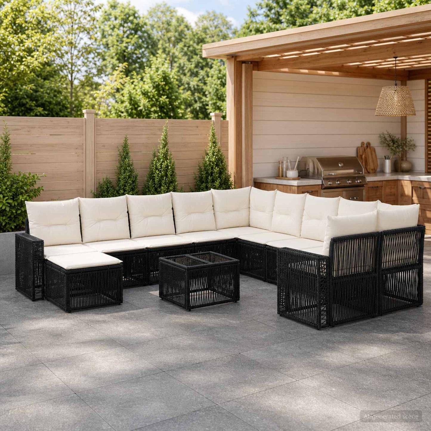 Set Divano da Giardino 12 pcs Nero e Bianco Crema polyrattan | homemem39