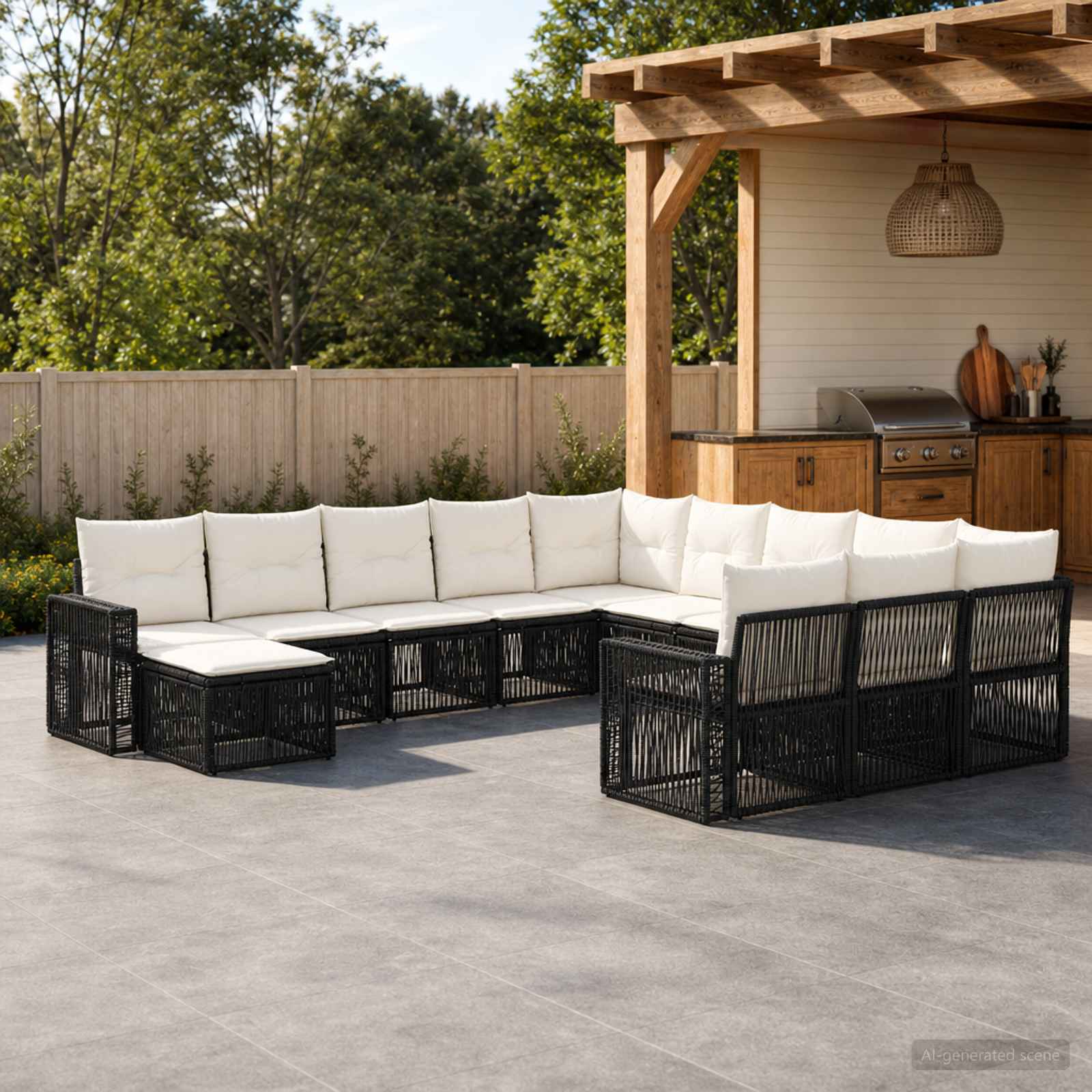 Set Divano da Giardino 12 pcs Nero e Bianco Crema polyrattan | homemem39