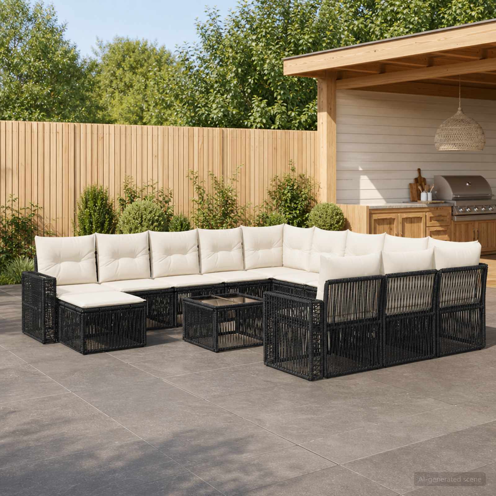 Set Divano da Giardino 13 pcs Nero e Bianco Crema polyrattan | homemem39