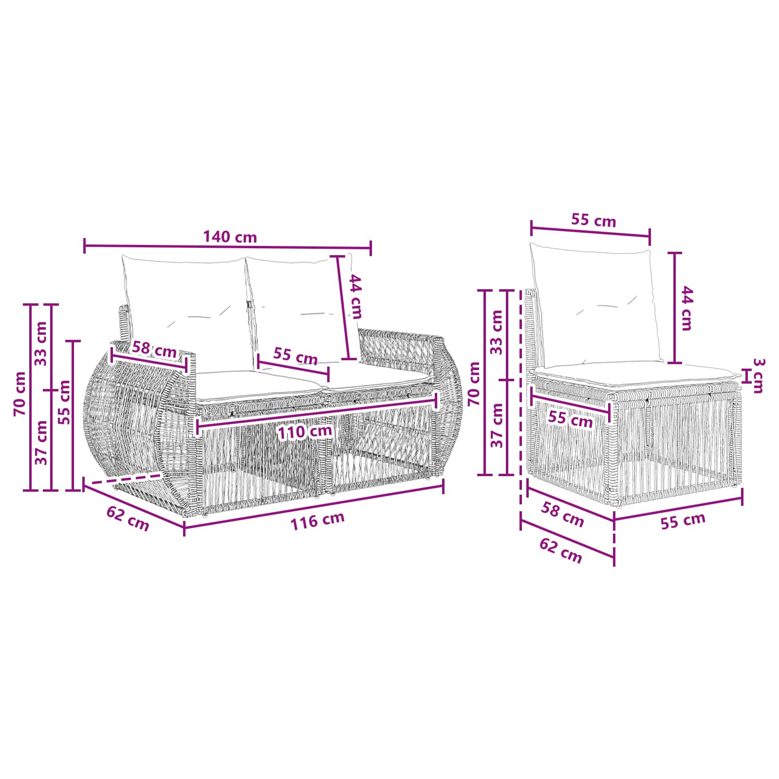 Set Divano da Giardino 3 pcs Grigio e Grigio Scuro polyrattan | homemem39