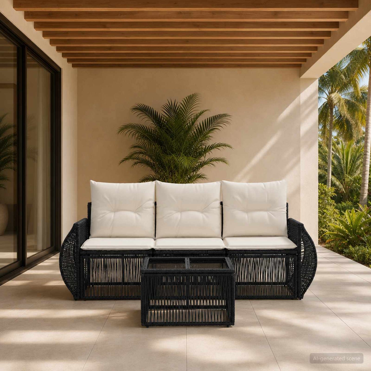 Set Divano da Giardino 4 pcs Nero e Bianco Crema polyrattan | homemem39