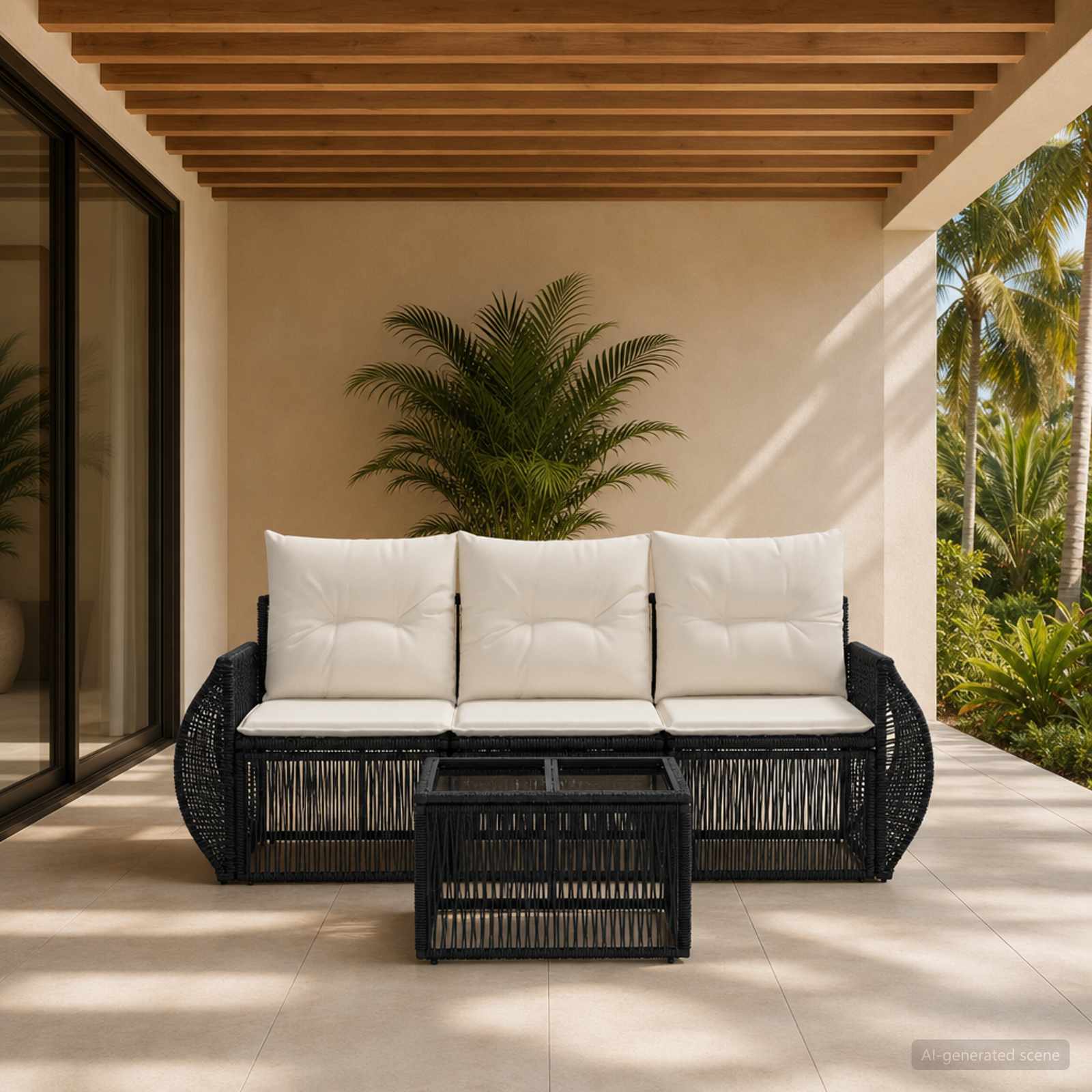 Set Divano da Giardino 4 pcs Nero e Bianco Crema polyrattan | homemem39