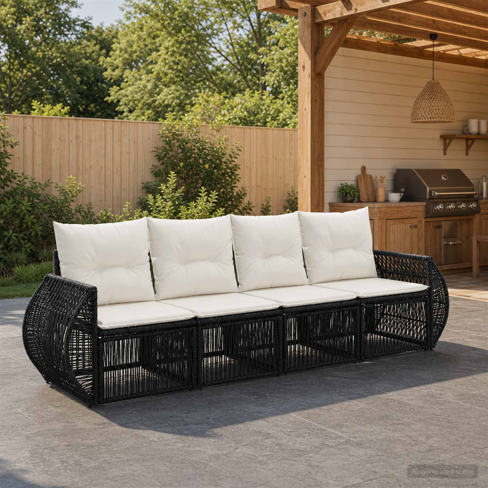 Set Divano da Giardino 4 pcs Nero e Bianco Crema polyrattan | homemem39