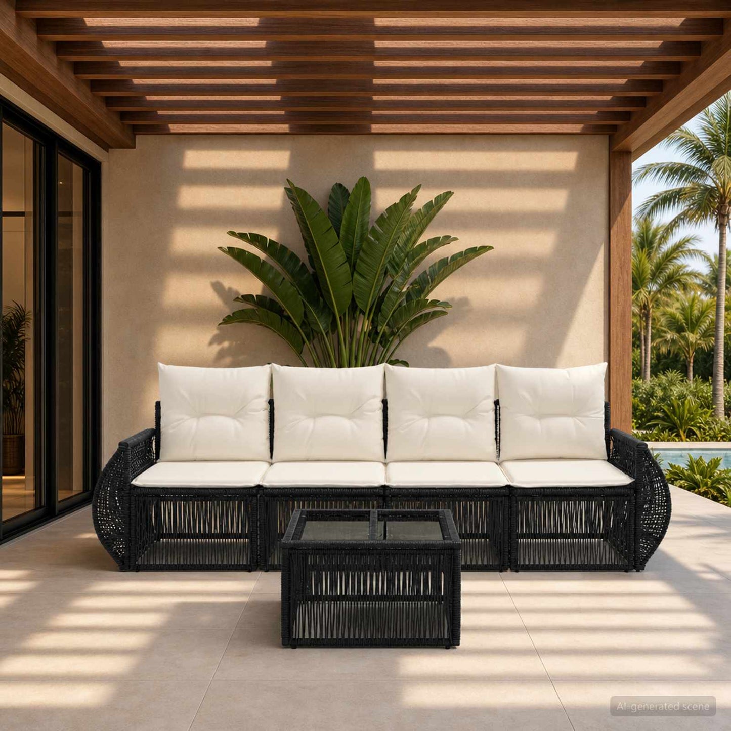 Set Divano da Giardino 5 pcs Nero e Bianco Crema polyrattan | homemem39