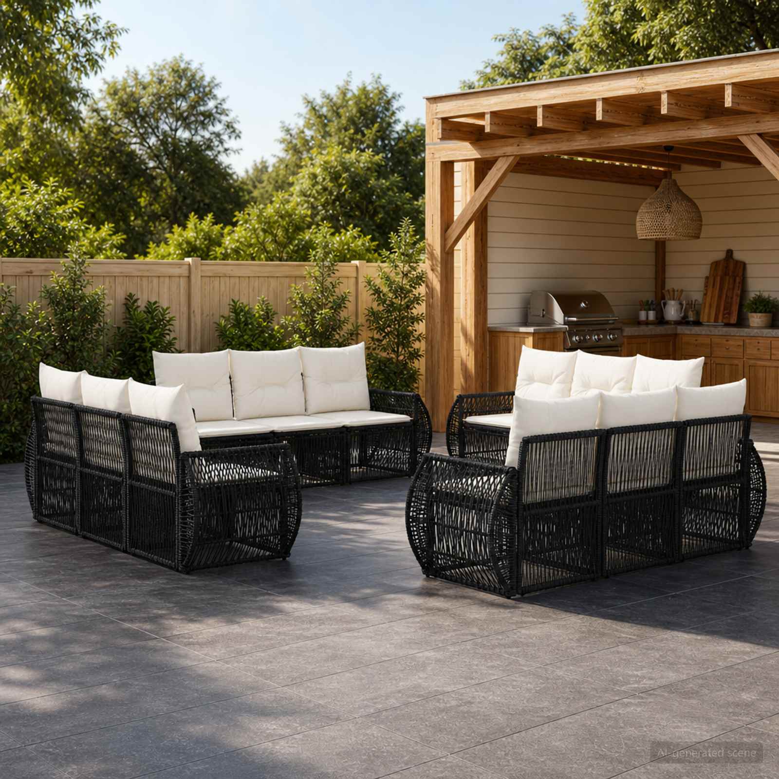 Set Divano da Giardino 12 pcs Nero e Bianco Crema polyrattan | homemem39