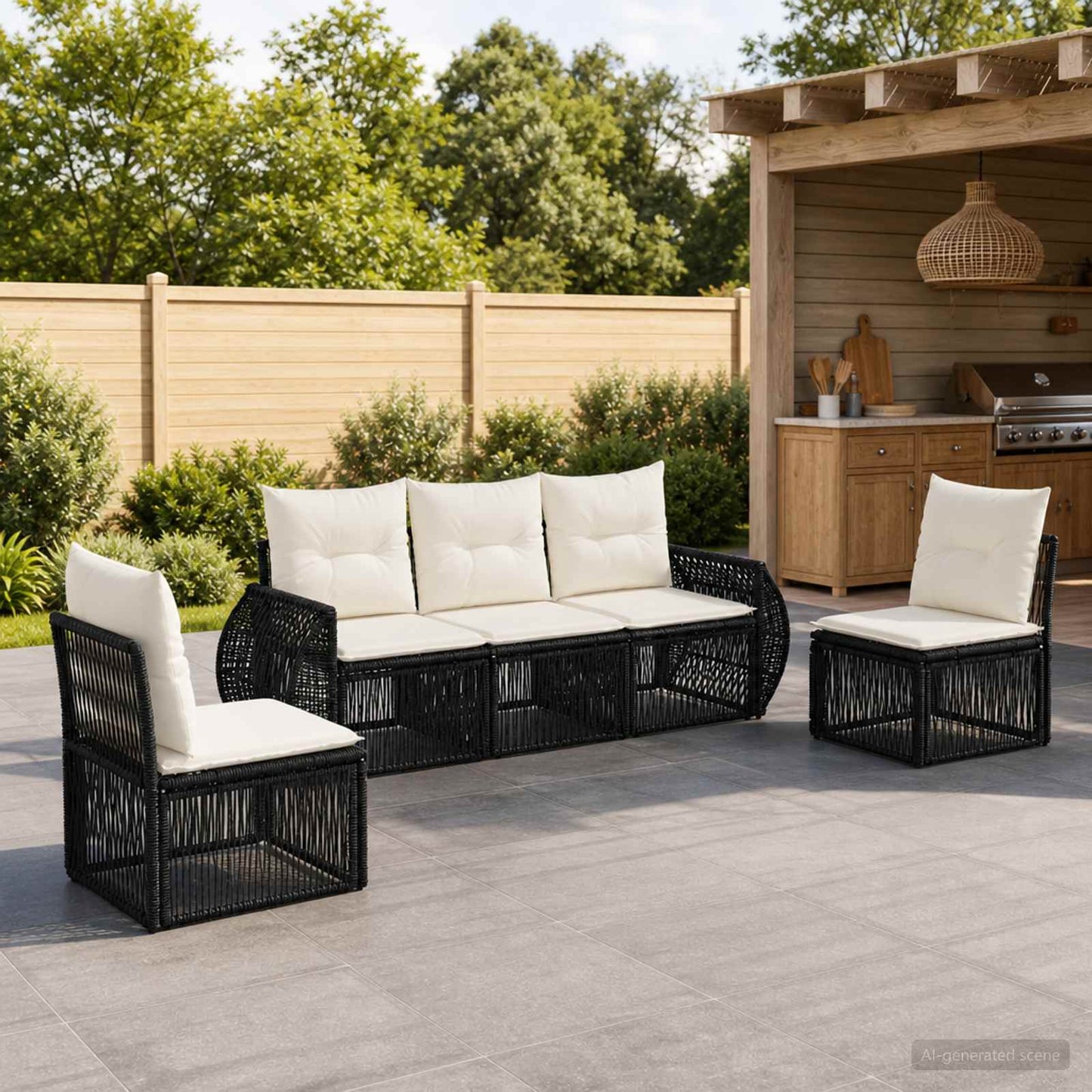 Set Divano da Giardino 5 pcs Nero e Bianco Crema polyrattan | homemem39