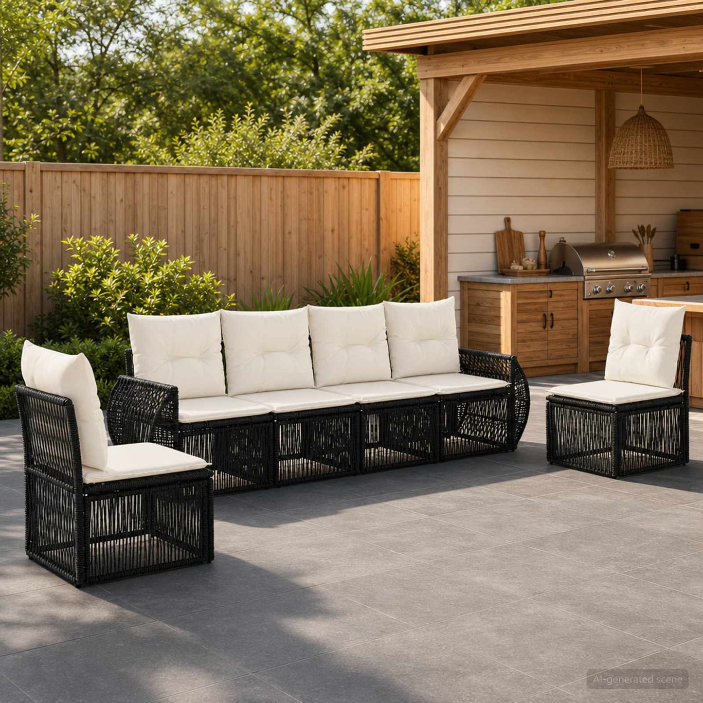 Set Divano da Giardino 6 pcs Nero e Bianco Crema polyrattan | homemem39