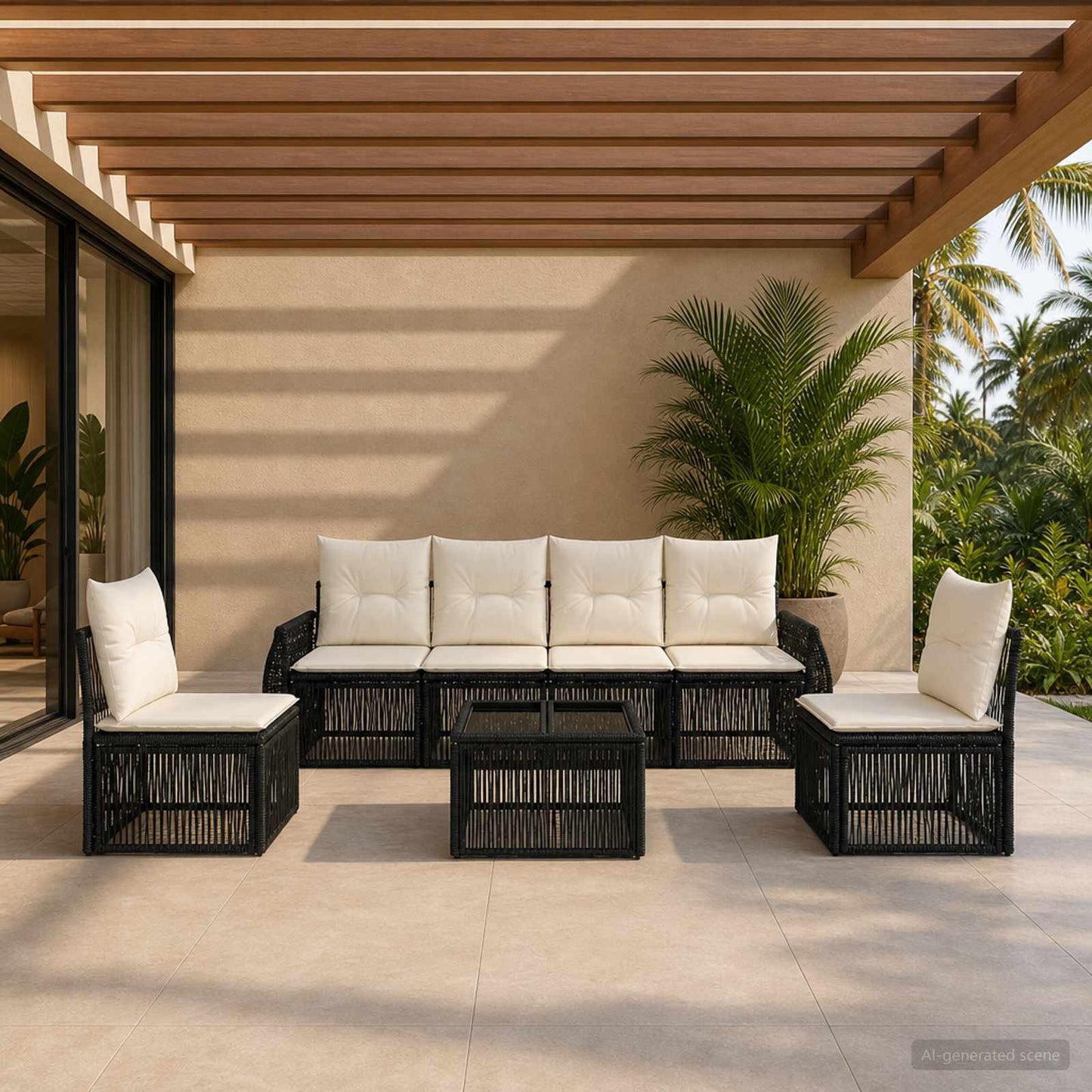 Set Divano da Giardino 7 pcs Nero e Bianco Crema polyrattan | homemem39