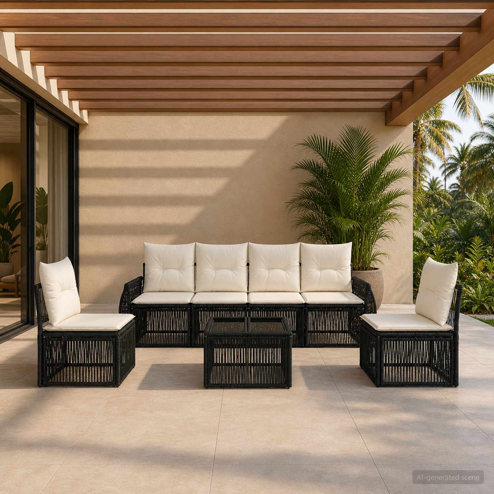 Set Divano da Giardino 7 pcs Nero e Bianco Crema polyrattan | homemem39