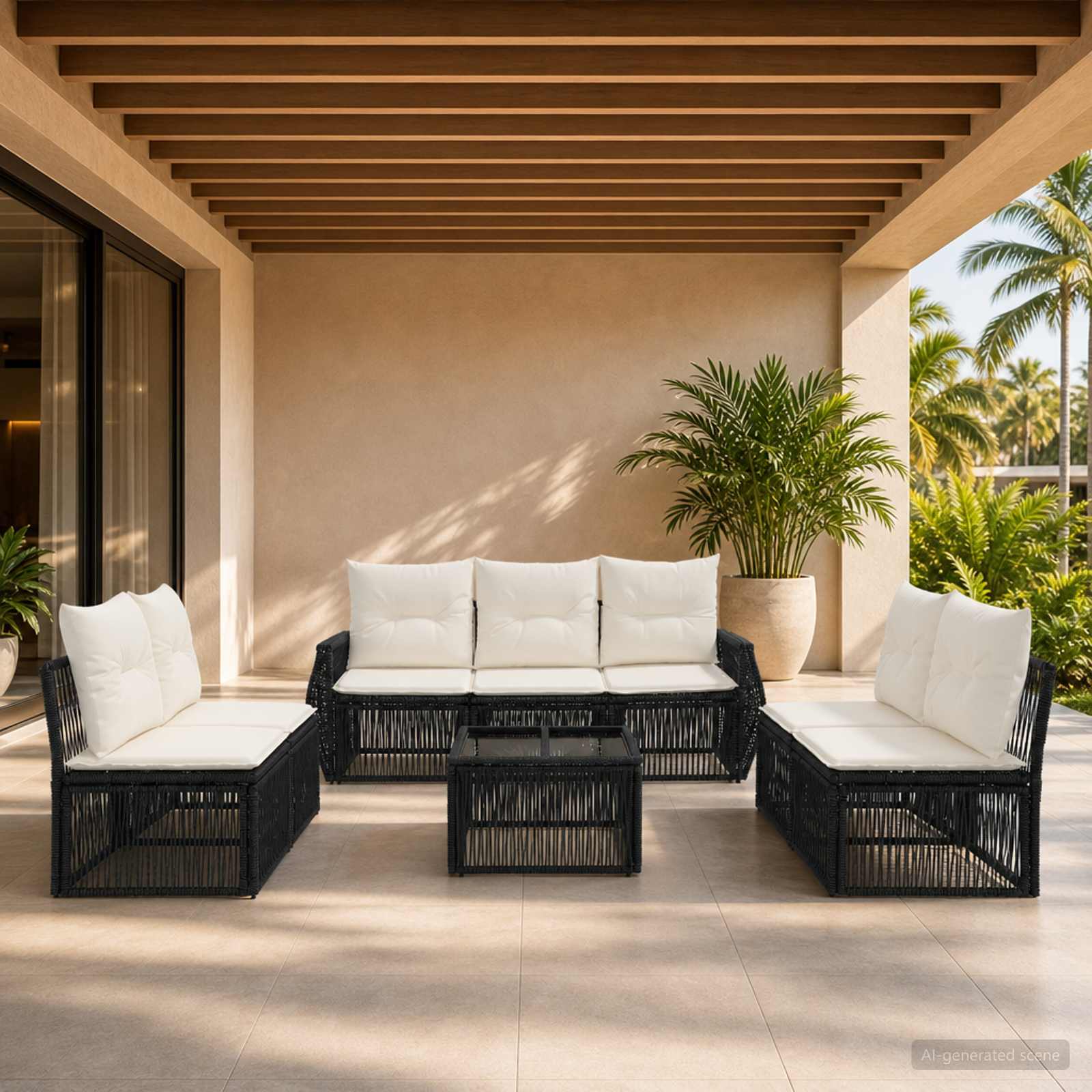 Set Divano da Giardino 8 pcs Nero e Bianco Crema polyrattan | homemem39