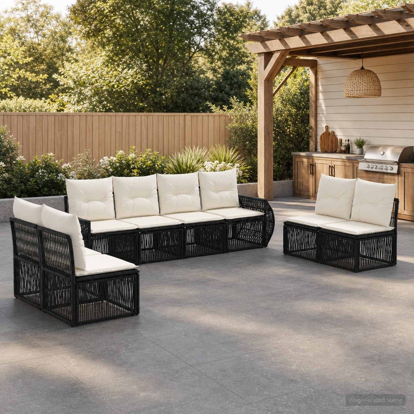 Set Divano da Giardino 8 pcs Nero e Bianco Crema polyrattan | homemem39