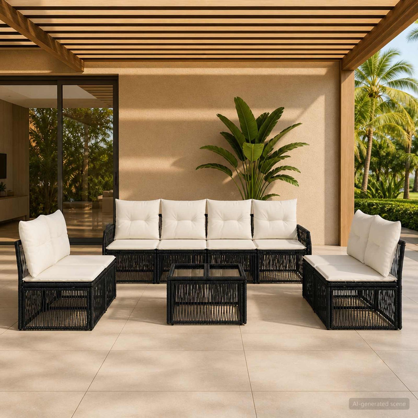 Set Divano da Giardino 9 pcs Nero e Bianco Crema polyrattan | homemem39