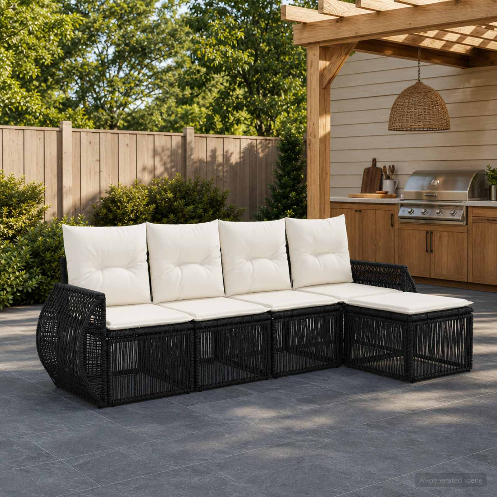 Set Divano da Giardino 5 pcs Nero e Bianco Crema polyrattan | homemem39