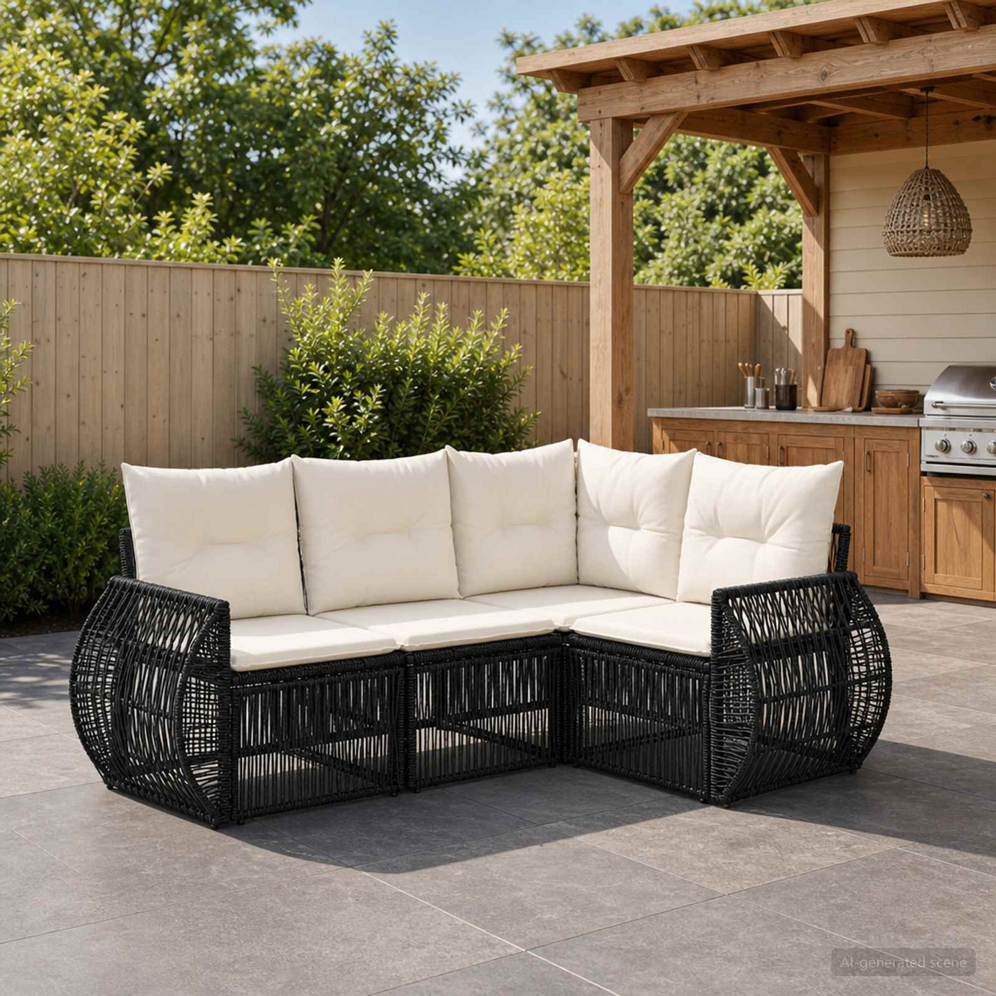 Set Divano da Giardino 4 pcs Nero e Bianco Crema polyrattan | homemem39