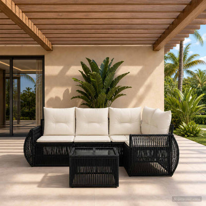 Set Divano da Giardino 5 pcs Nero e Bianco Crema polyrattan | homemem39