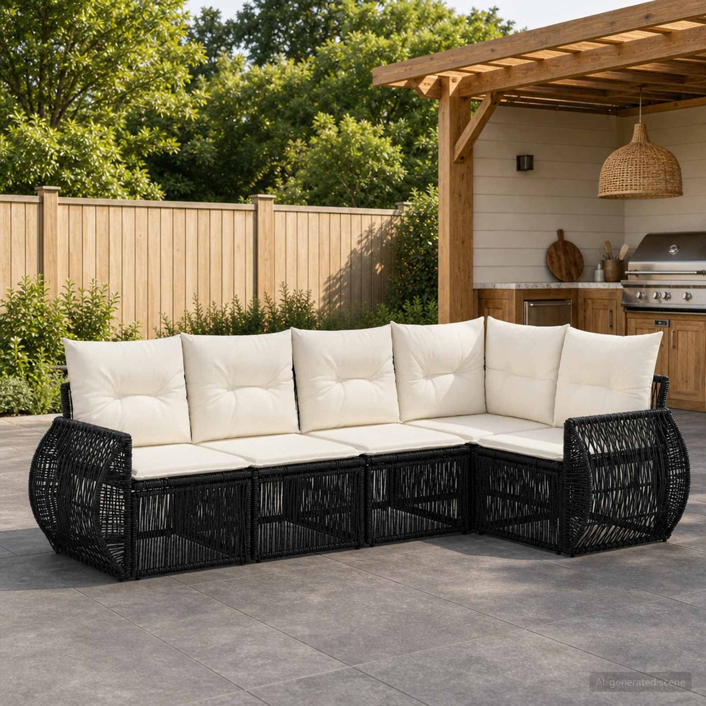 Set Divano da Giardino 5 pcs Nero e Bianco Crema polyrattan | homemem39