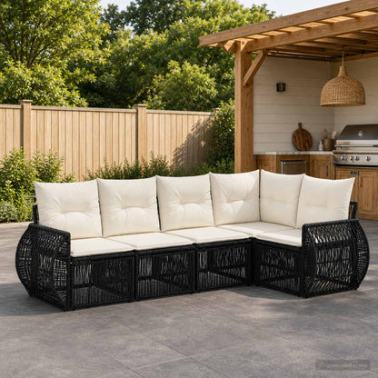 Set Divano da Giardino 5 pcs Nero e Bianco Crema polyrattan | homemem39