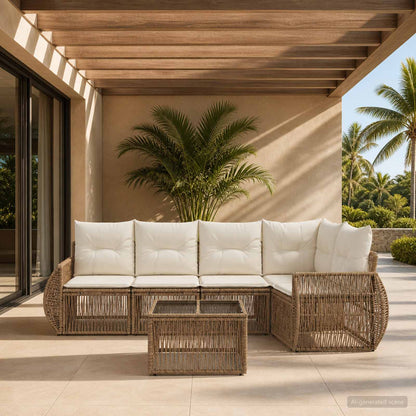 Set Divano da Giardino 6 pcs Beige e Bianco Crema polyrattan | homemem39