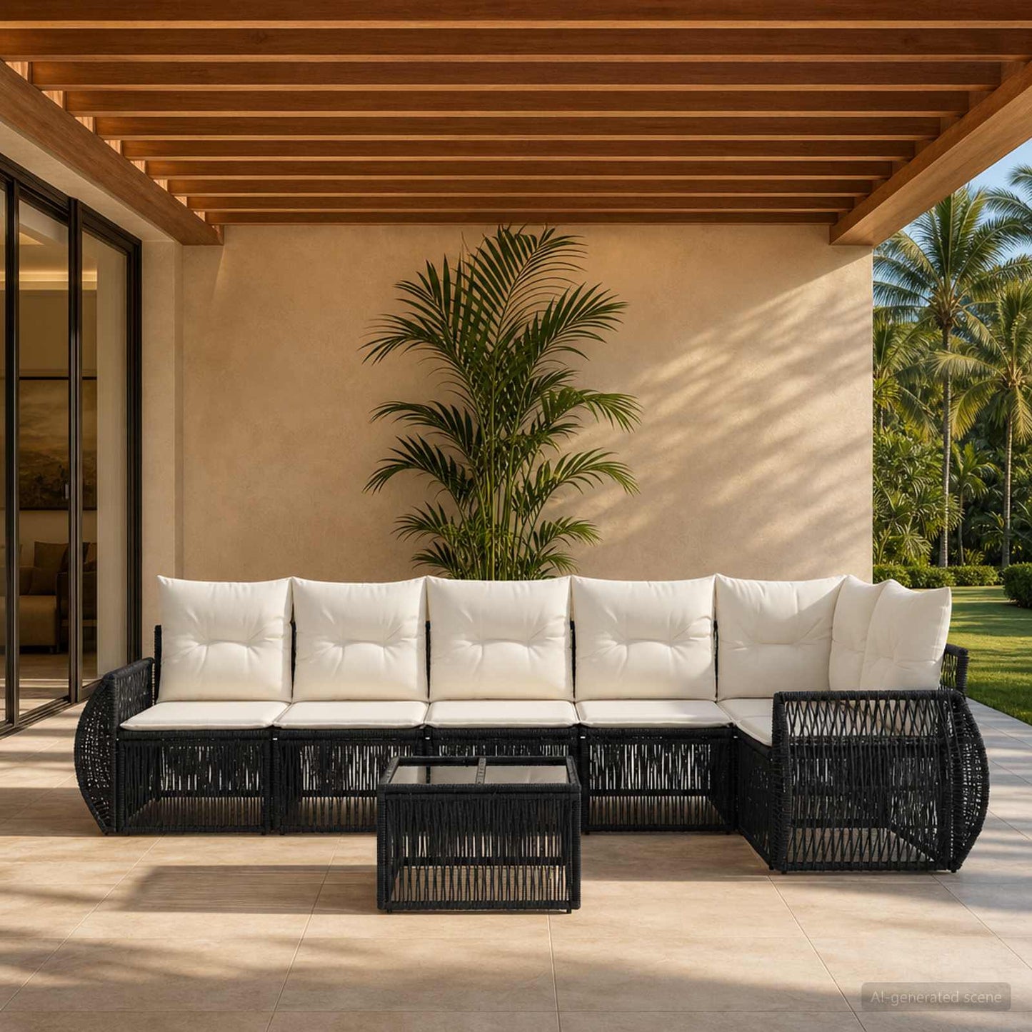 Set Divano da Giardino 7 pcs Nero e Bianco Crema polyrattan | homemem39