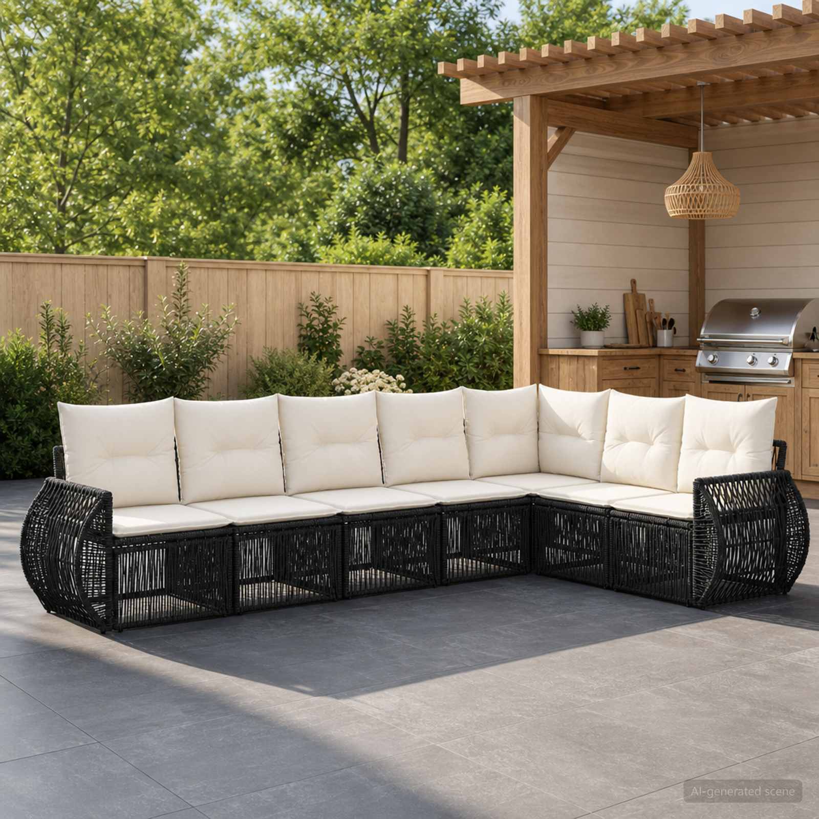 Set Divano da Giardino 7 pcs Nero e Bianco Crema polyrattan | homemem39