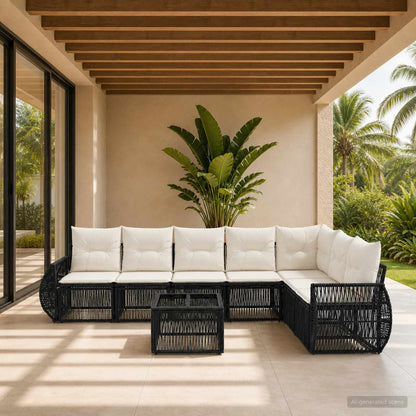 Set Divano da Giardino 8 pcs Nero e Bianco Crema polyrattan | homemem39