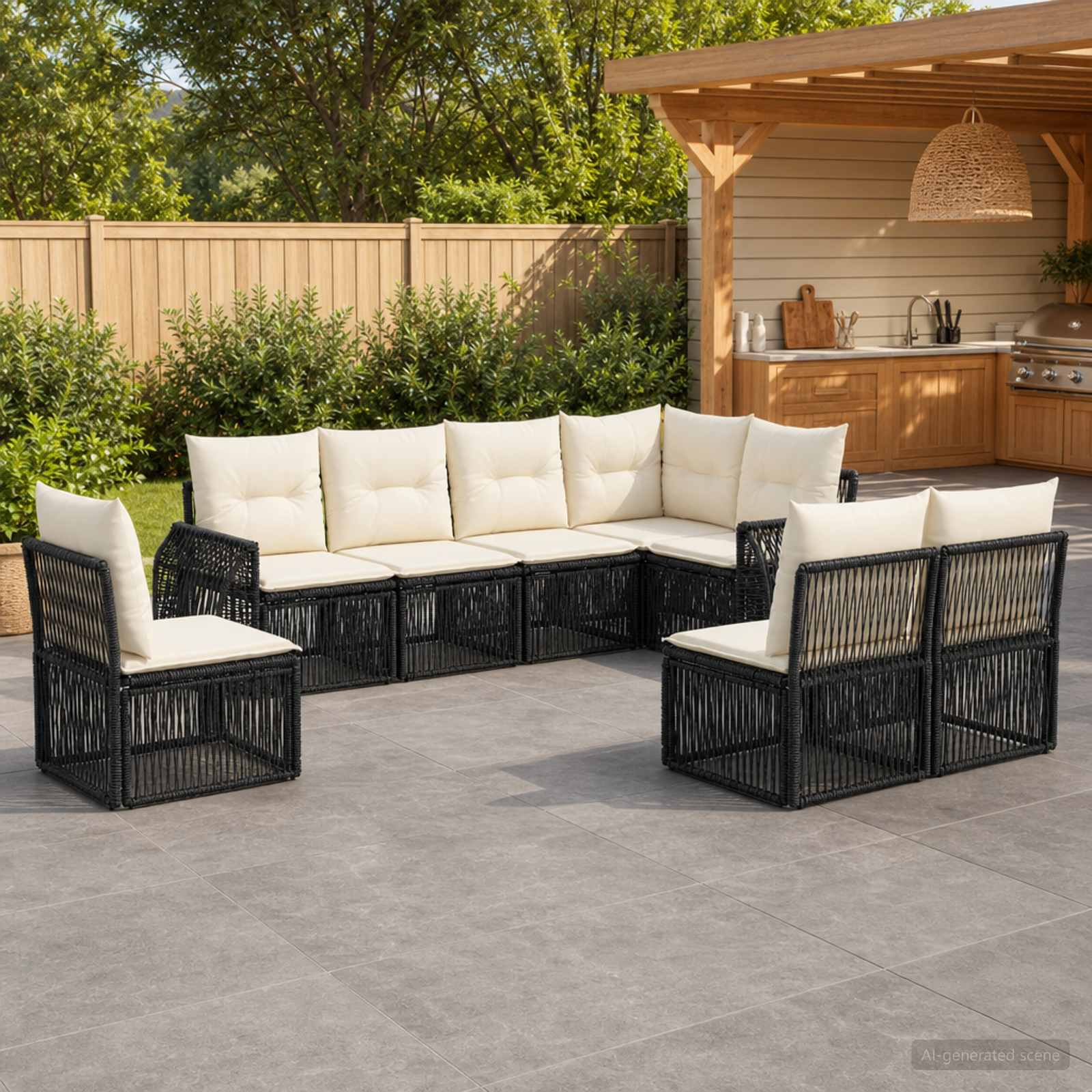 Set Divano da Giardino 8 pcs Nero e Bianco Crema polyrattan | homemem39