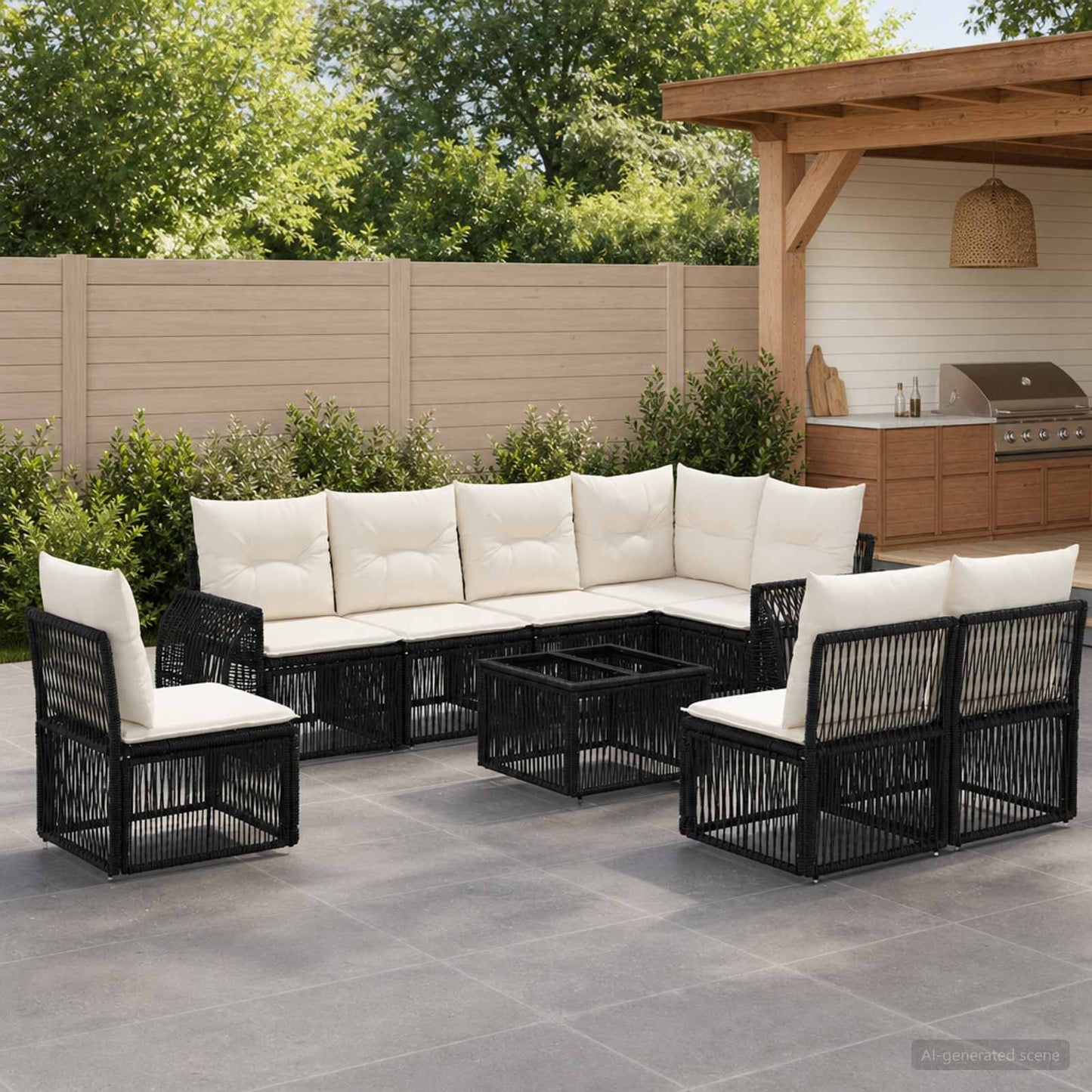Set Divano da Giardino 9 pcs Nero e Bianco Crema polyrattan | homemem39